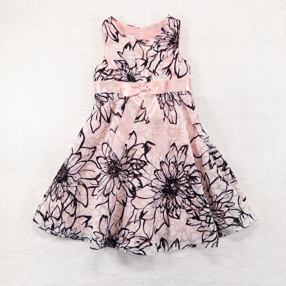 Bonnie Jean Girls Dress 5 Pink Black Floral Satin Bow Party Special Occasion *
